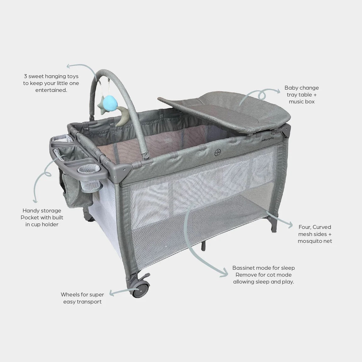 Baby Studi 8-in-1 Portacot Grey – Baby Hi5 - Main Image